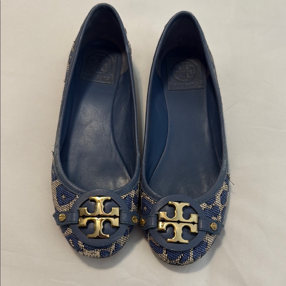 Tory Burch Blue and Beige Logo Ballet Flats